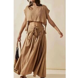 Free People Sundown Skirt shirt Set Boxy Crop Top Full boho Brown